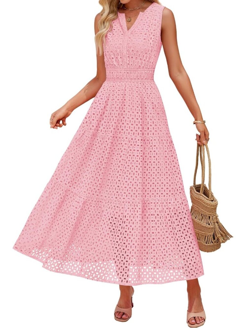 Women's Pink Sleeveless Casual V Neck Pull On Imported Long Maxi Dress